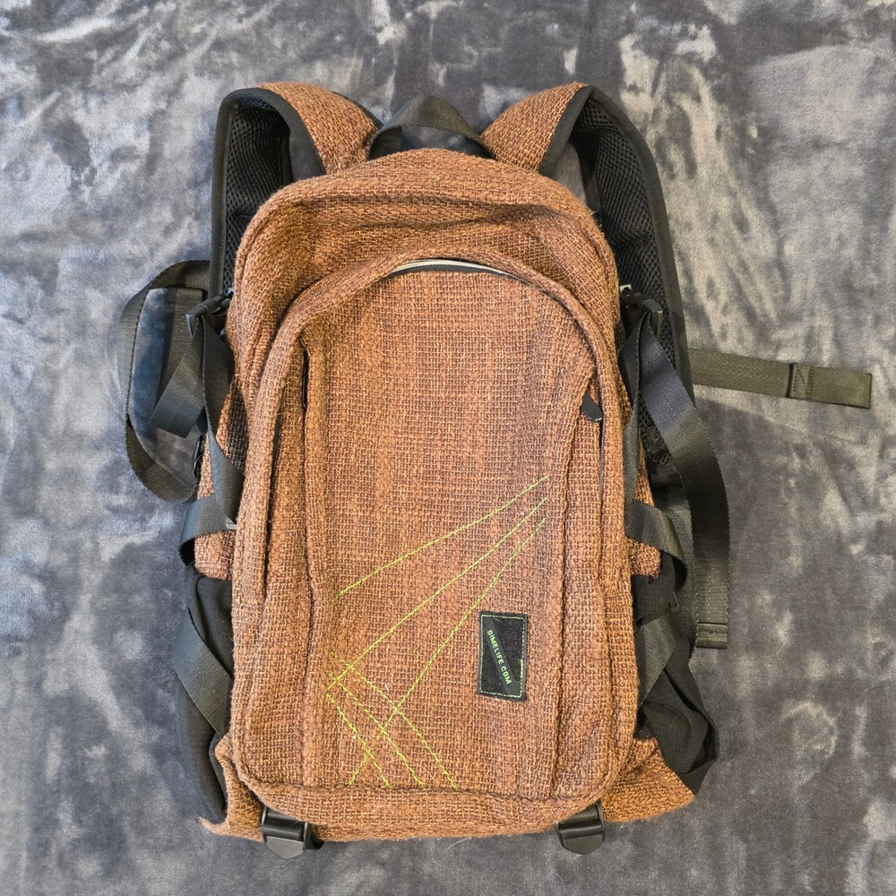 Dime Bags  Hemp Backpack Brown Woven Canvas Green Stitching Padded Straps 19x14